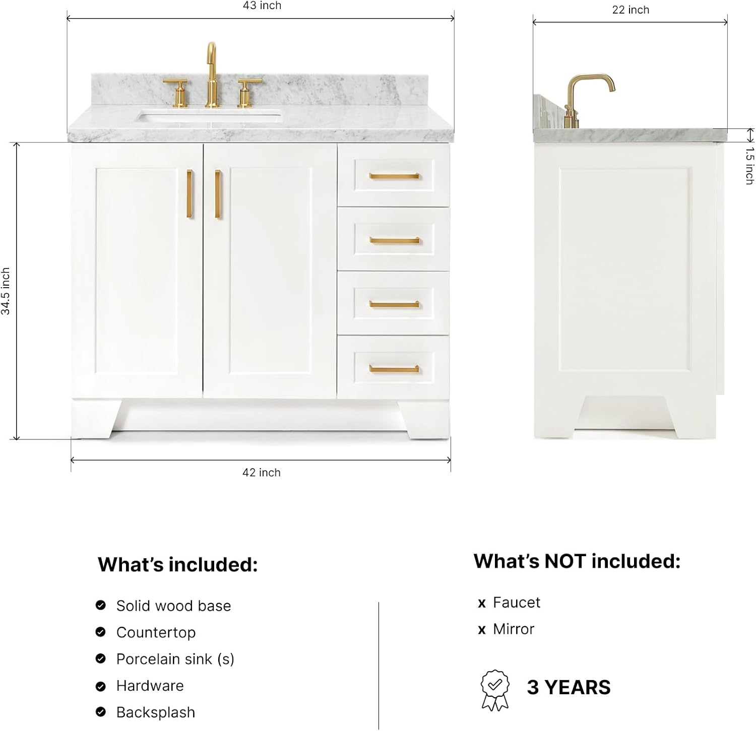 ARIEL Taylor 42-inch Bathroom Vanity with Sink,Solid Wood, 1.5-inch Italian Carrara Marble Countertop, Single Rectangular Porcelain Sink, 2 Soft Closing Doors, 5 Dovetail Drawers, White