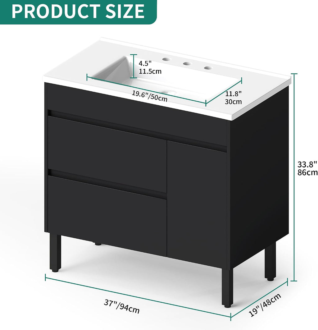 YITAHOME 36 Inch Bathroom Vanity with Sink, Bathroom Cabinet Vanity for Media Space, Freestanding Storage Bathroom Vanity with 1 Soft Closing Cabinet & 2 Drawers