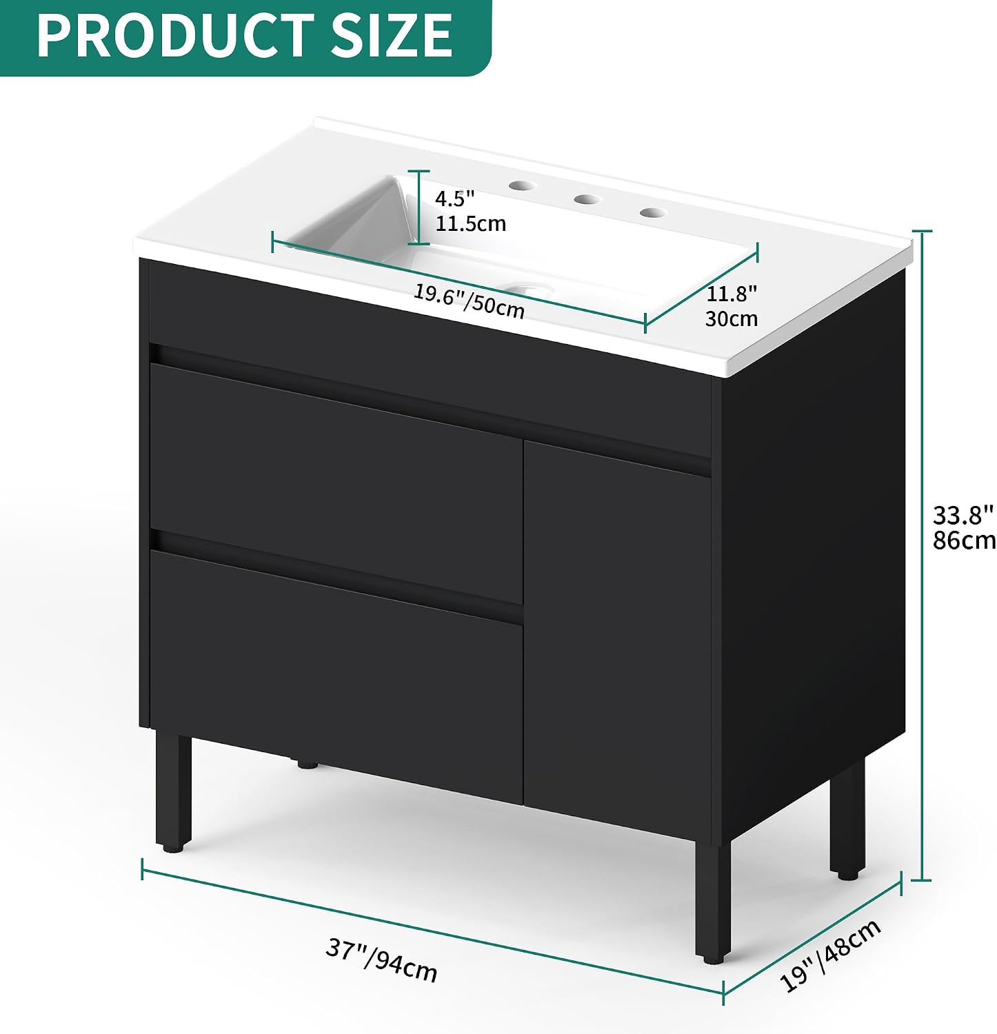 YITAHOME 36 Inch Bathroom Vanity with Sink, Bathroom Cabinet Vanity for Media Space, Freestanding Storage Bathroom Vanity with 1 Soft Closing Cabinet & 2 Drawers