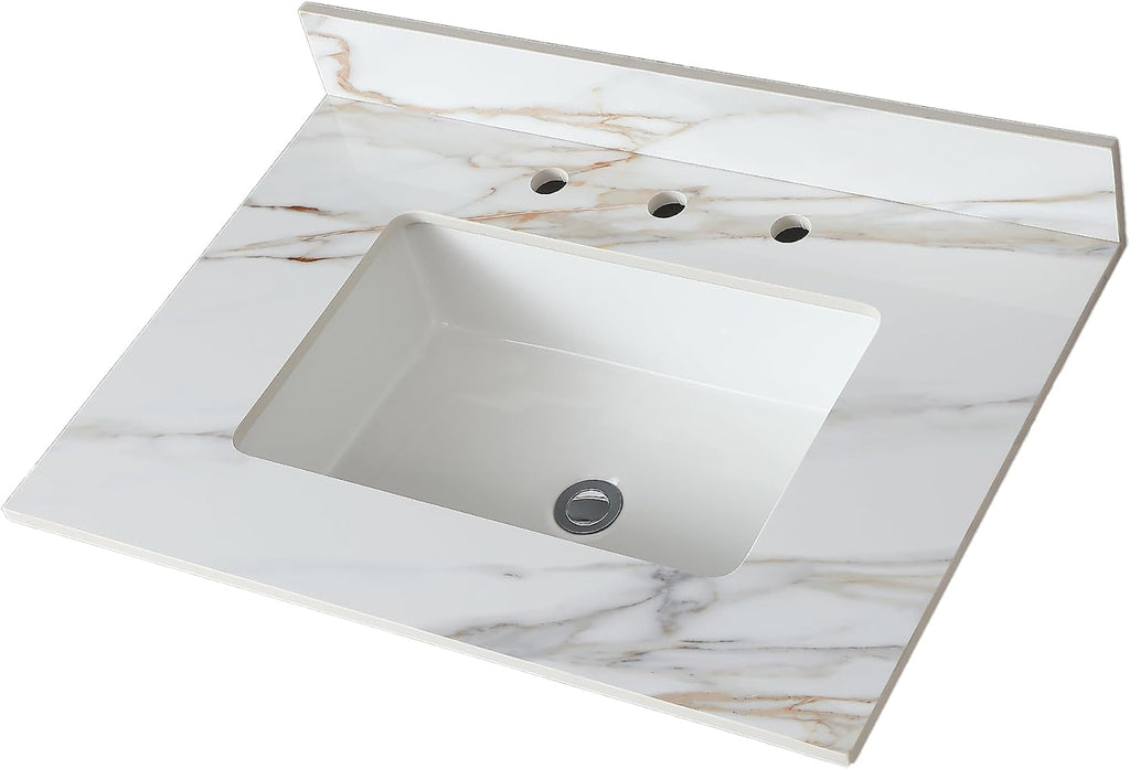 31 x 22 Inch Bathroom Vanity Top, Sintered Stone Vanity Top with Sink, Three Holes Marble Vanity Sink Top with Undermount Rectangular Sink & Backsplash (Belly Golden)