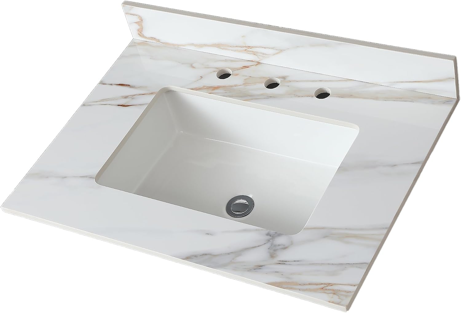 31 x 22 Inch Bathroom Vanity Top, Sintered Stone Vanity Top with Sink, Three Holes Marble Vanity Sink Top with Undermount Rectangular Sink & Backsplash (Belly Golden)
