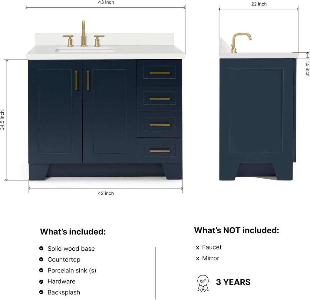 ARIEL Taylor 42 Inch Blue Bathroom Vanity with Sink, Solid Wood Bathroom Vanity Base Cabinet, Carrara White Quartz Countertop 1.5-Inch Edge, Right Rectangular Sink, 2 Soft Closing Doors, 5 Drawers