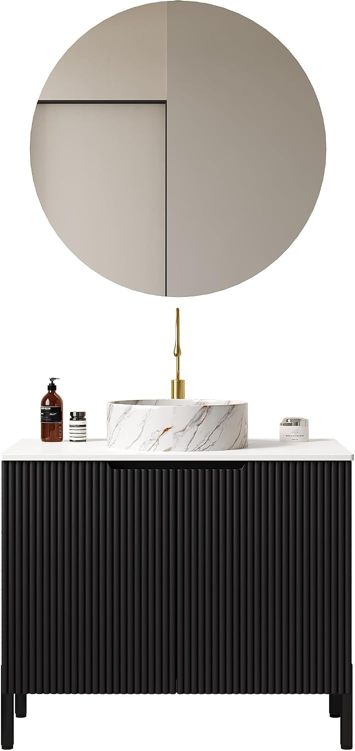 30' Black Bathroom Vanity with Round Ceramic Sink Freestanding Bathroom Vanities with 2 Fluted Doors and Sintered Stone Counter Top,Modern Wooden Bathroom Storage Cabinet Set with Soft Close System