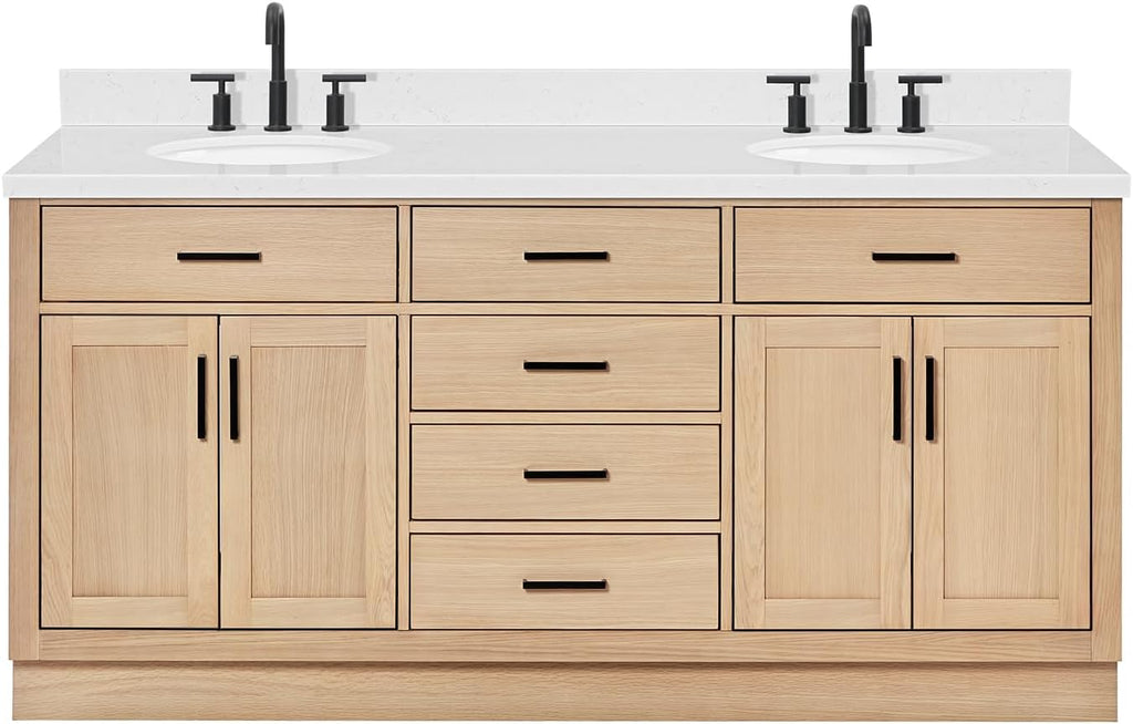 ARIEL Hepburn 72-inch Bathroom Vanity with Sink,Solid Wood, 1.5-inch Carrara White Quartz Countertop & Backsplash, Double Oval Porcelain Sink, 4 Soft Closing Doors, 6 Dovetail Drawers, White Oak