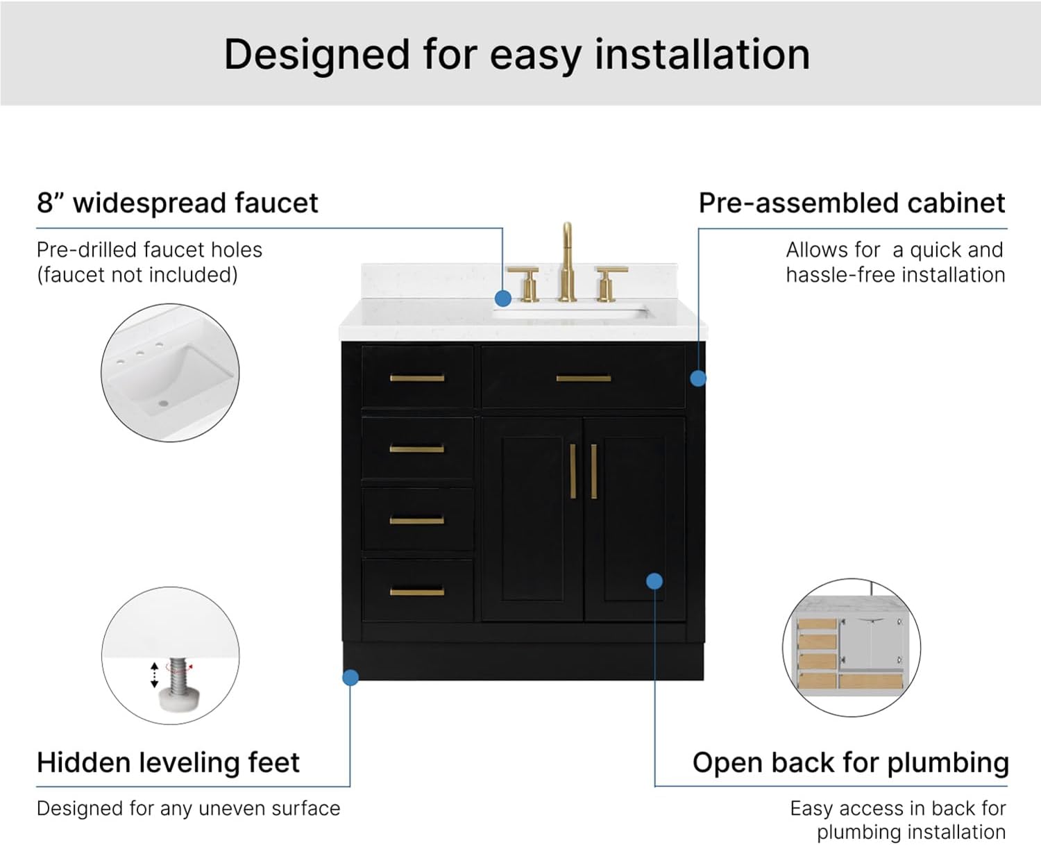 ARIEL Hepburn 36-inch Bathroom Vanity with Sink,Solid Wood, 1.5-inch Carrara White Quartz Countertop & Backsplash, Single Rectangular Porcelain Sink, 2 Soft Closing Doors, 5 Dovetail Drawers, Black