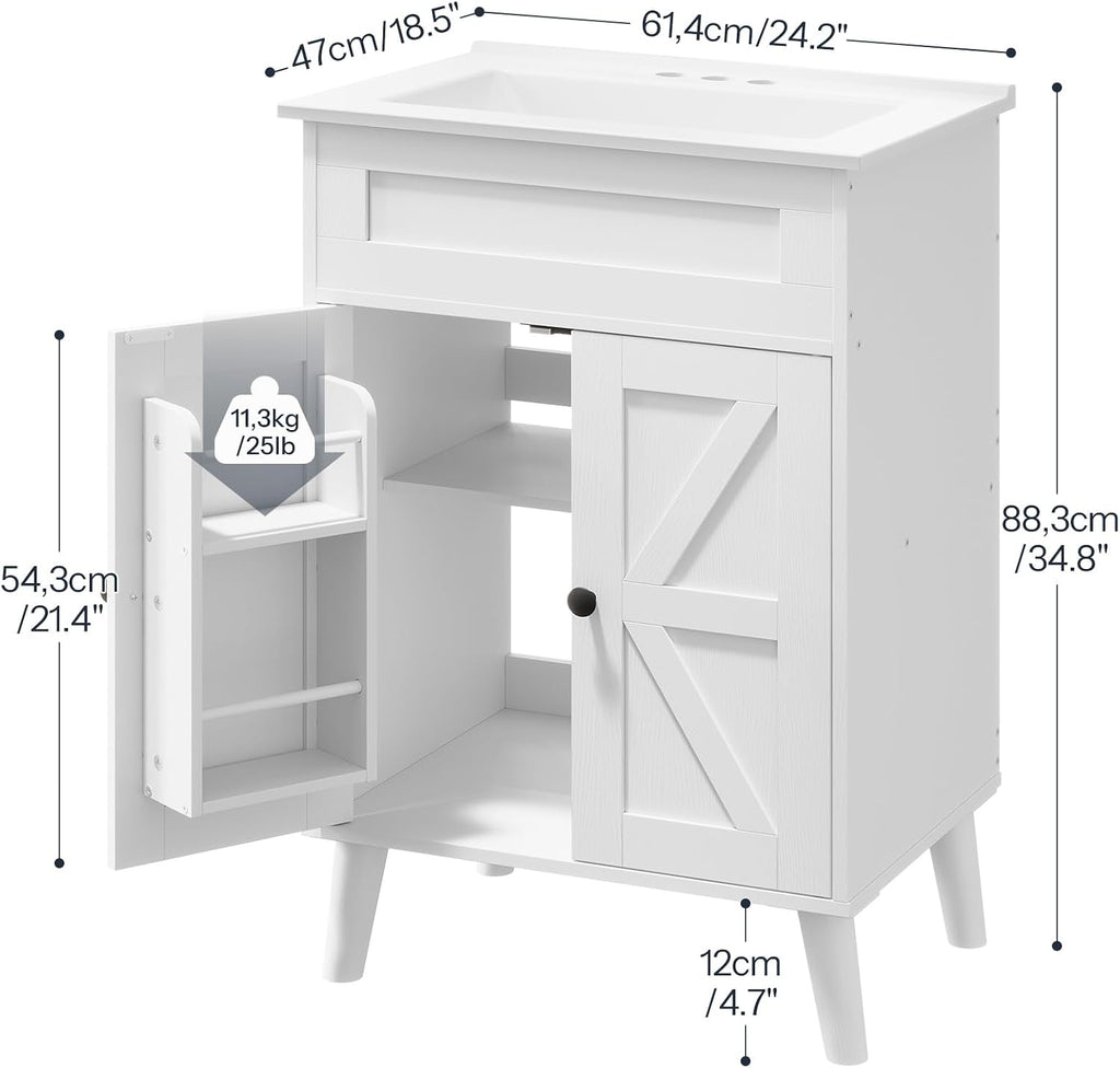 HOOBRO 24.2' Modern Bathroom Vanity with Sink, Farmhouse Bathroom Sink Cabinet with Ceramic Basin, Door Storage, 2 Doors & High-Leg Design, Easy Assembly, Drain Kit Not Included, White