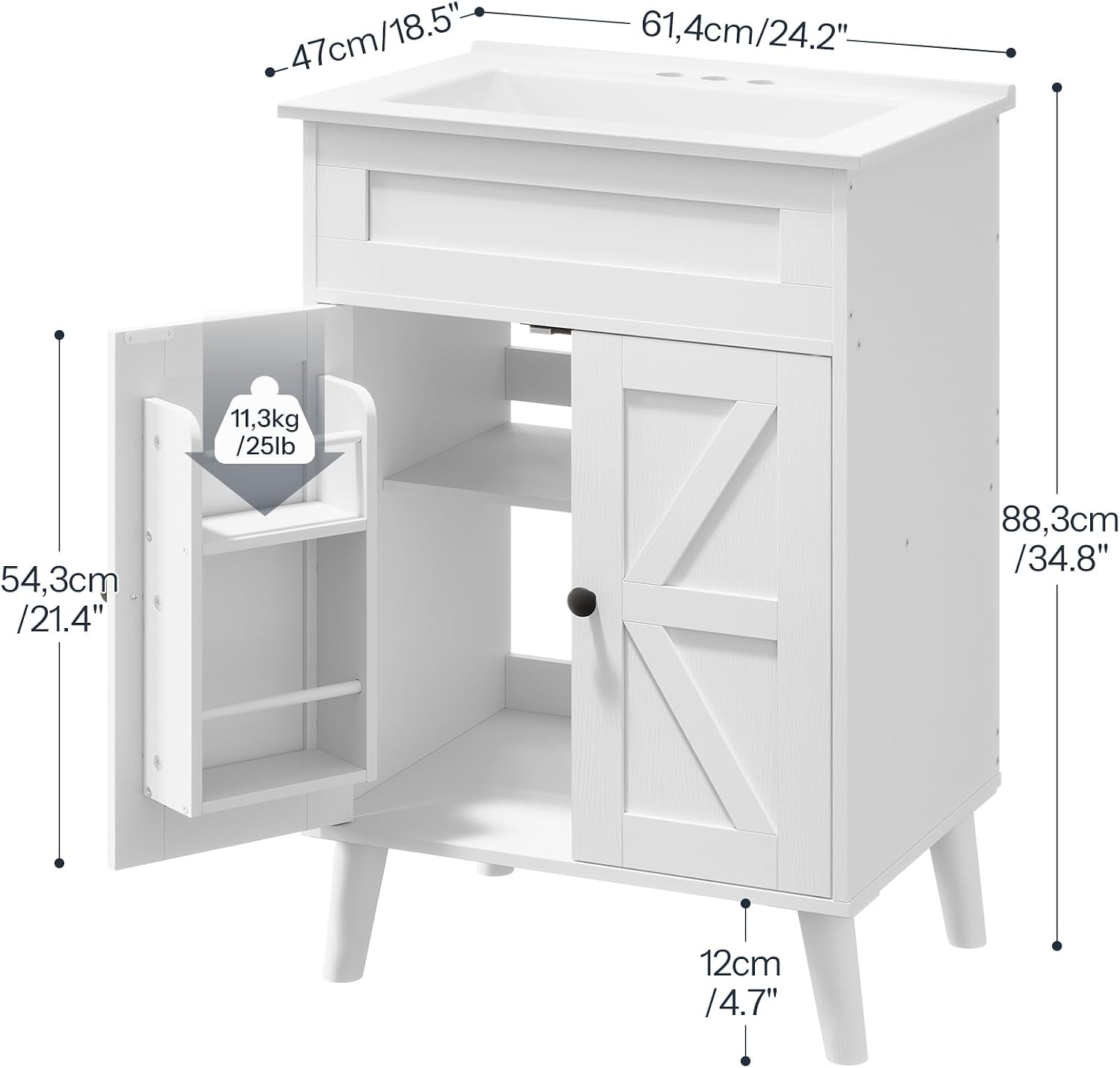HOOBRO 24.2' Modern Bathroom Vanity with Sink, Farmhouse Bathroom Sink Cabinet with Ceramic Basin, Door Storage, 2 Doors & High-Leg Design, Easy Assembly, Drain Kit Not Included, White