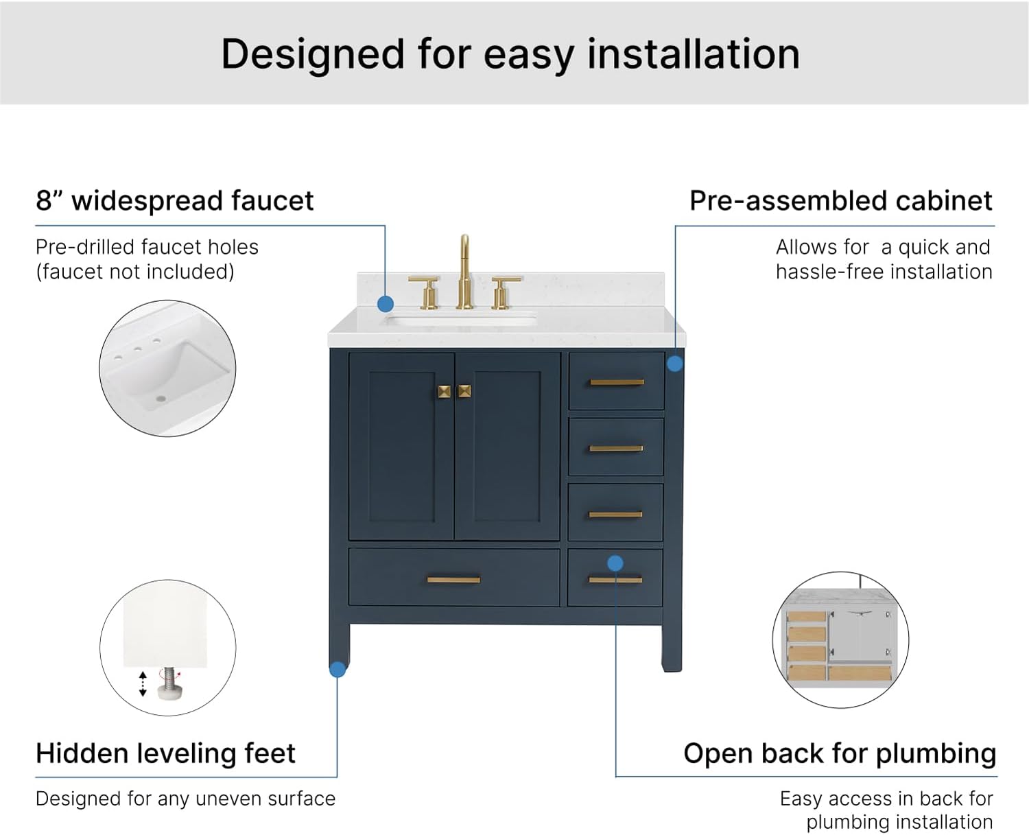 ARIEL Cambridge 36-inch Bathroom Vanity with Sink,Solid Wood, 1.5-inch Carrara White Quartz Countertop, Single Rectangular Porcelain Sink, 2 Soft Closing Doors, 5 Dovetail Drawers, Midnight Blue