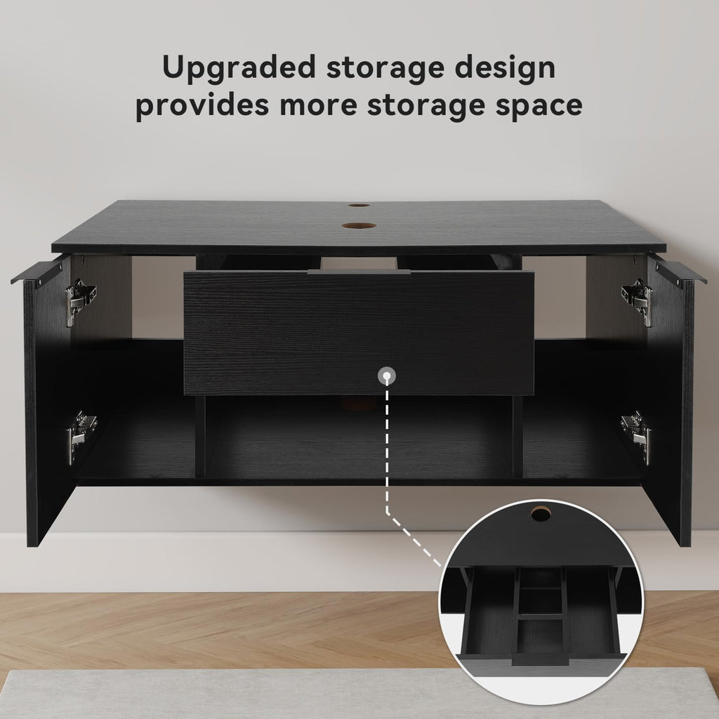 36 Inch Black Floating Bathroom Vanity with 2-Doors and 1-Drawer, Modern Wall Mounted Cabinet with Square Black Ceramic Vessel Sink