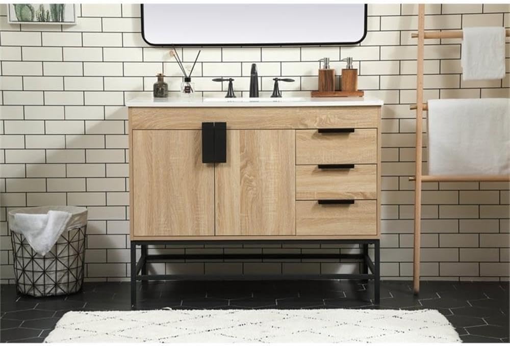 Pemberly Row 42' Aluminum MDF Bathroom Vanity, Mango Wood Finish, Ivory White Quartz Countertop, Porcelain Sink with Overflow, Soft Closing Hinges, 3 Drawers, Modern Style for Bathroom Storage
