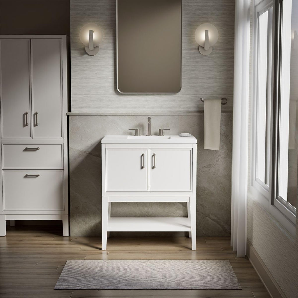 Kohler Winnow 30 Inch Bathroom Vanity Cabinet with White Single Sink and Quartz Top, Modern Bathroom Vanity, White, K-33578-ASB-0