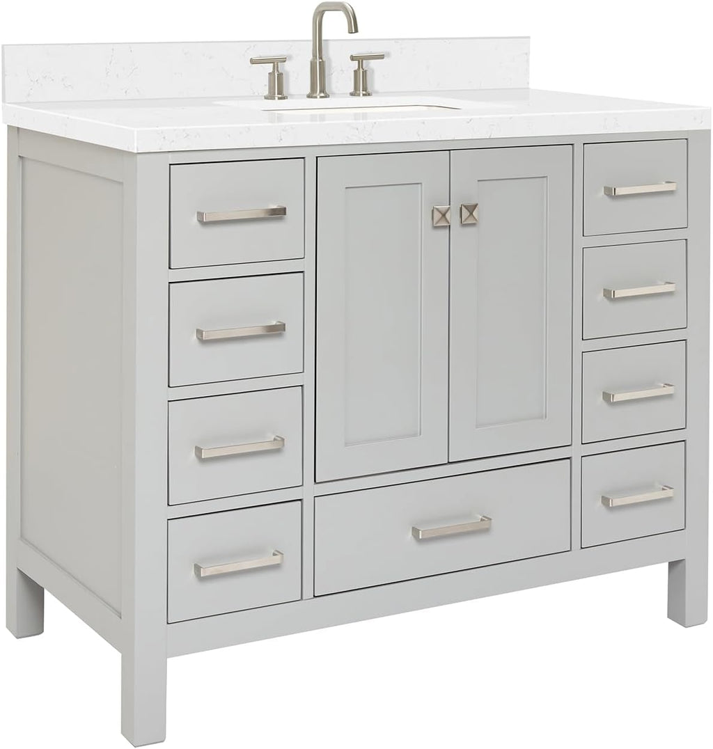 ARIEL Cambridge 42-inch Bathroom Vanity with Sink,Solid Wood, 1.5-inch Carrara White Quartz Countertop, Single Rectangular Porcelain Sink, 2 Soft Closing Doors, 9 Dovetail Drawers, Grey