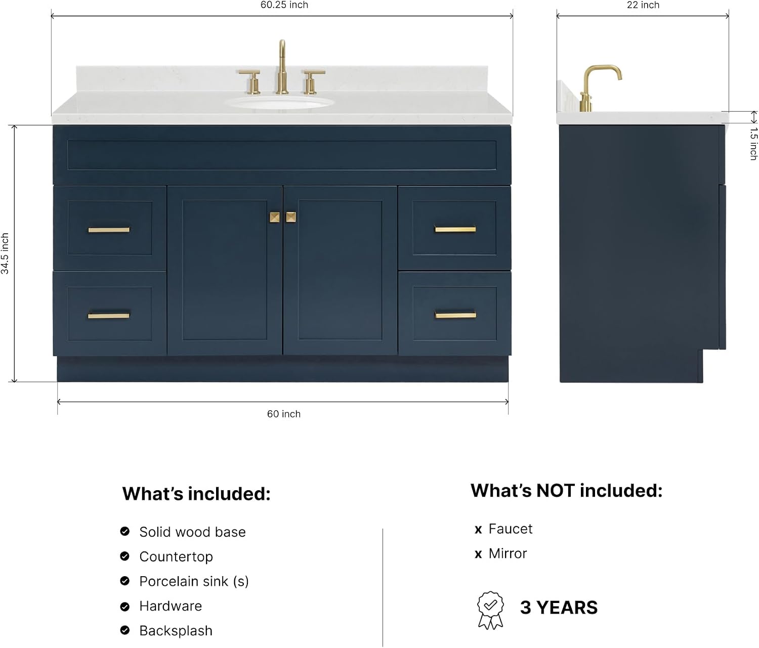 ARIEL Hamlet 60-inch Bathroom Vanity with Sink,Solid Wood, 1.5-inch Carrara White Quartz Countertop & Backsplash, Single Oval Porcelain Sink, 2 Soft Closing Doors, 4 Dovetail Drawers, Midnight Blue