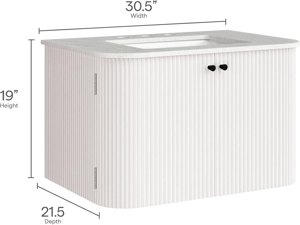 Modway Zia 30 Inch Wall-Mount Bathroom Vanity in Ivory with Marble Sink Basin - Floating Bathroom Cabinet with Fluted Design