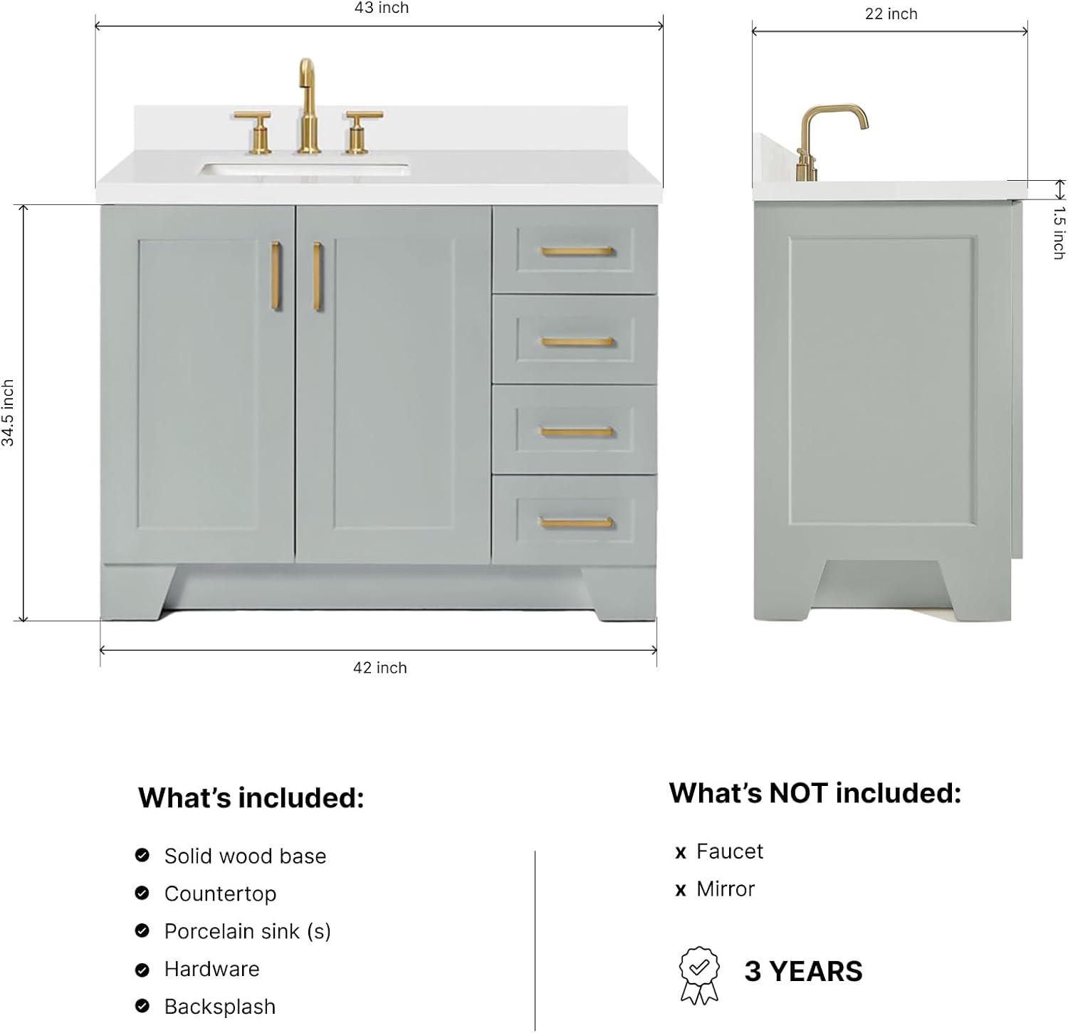 ARIEL Taylor 42-inch Bathroom Vanity with Sink,Solid Wood, 1.5-inch Pure White Quartz Countertop & Backsplash, Single Rectangular Porcelain Sink, 2 Soft Closing Doors, 5 Dovetail Drawers, Grey
