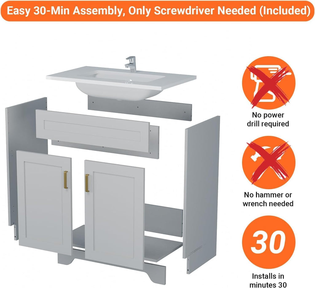 24 Inch Bathroom Vanity with Ceramic Basin and Countertop, Modern Bathroom Vanity with Sink, Narrow Design for Small Bathroom (Grey)