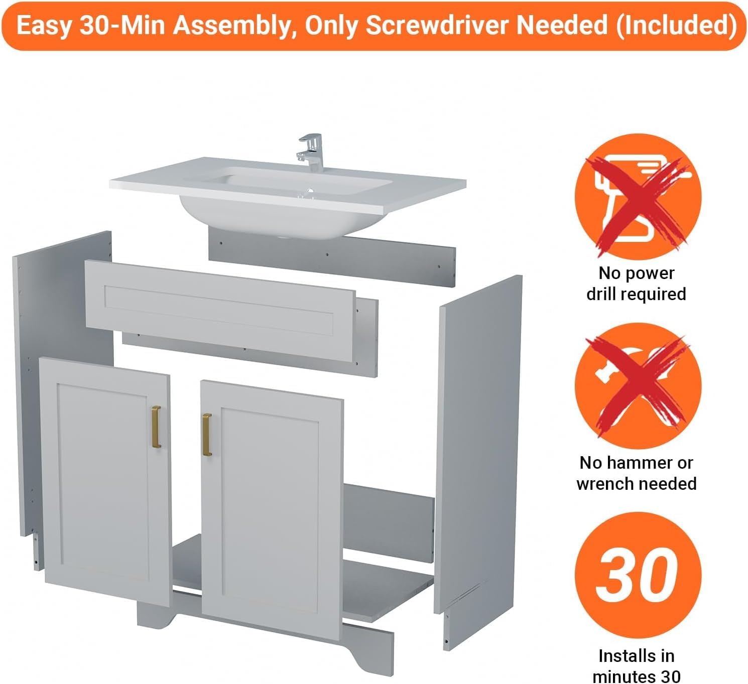 24 Inch Bathroom Vanity with Ceramic Basin and Countertop, Modern Bathroom Vanity with Sink, Narrow Design for Small Bathroom (Grey)