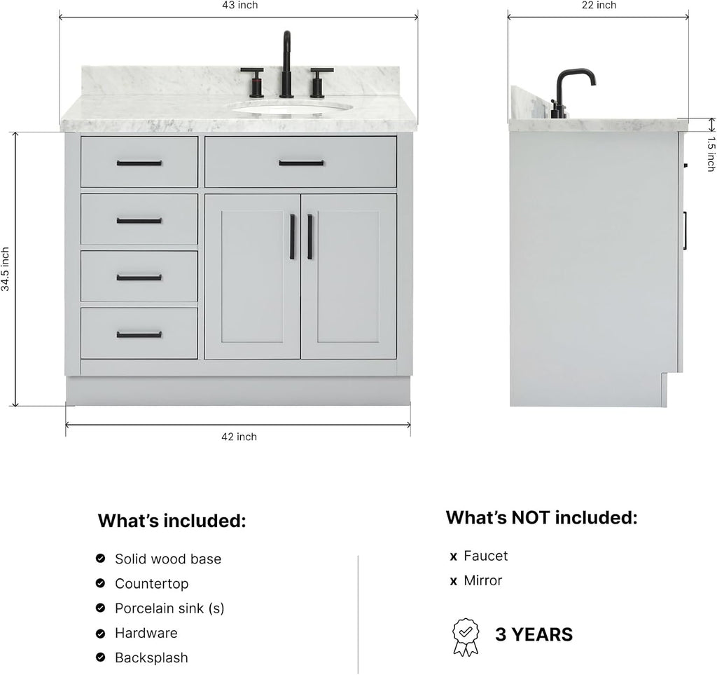 DKB Isabella 42' Gray Single Bathroom Vanity with Sink, 1.5' Edge Italian Carrara Marble Countertop, Oval Sink, 2 Soft Closing Doors, 5 Full Extension Dovetail Drawers