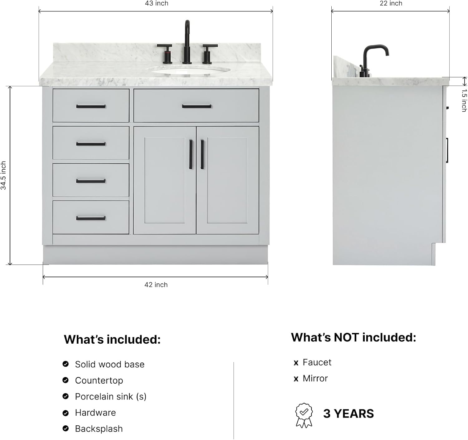 DKB Isabella 42' Gray Single Bathroom Vanity with Sink, 1.5' Edge Italian Carrara Marble Countertop, Oval Sink, 2 Soft Closing Doors, 5 Full Extension Dovetail Drawers