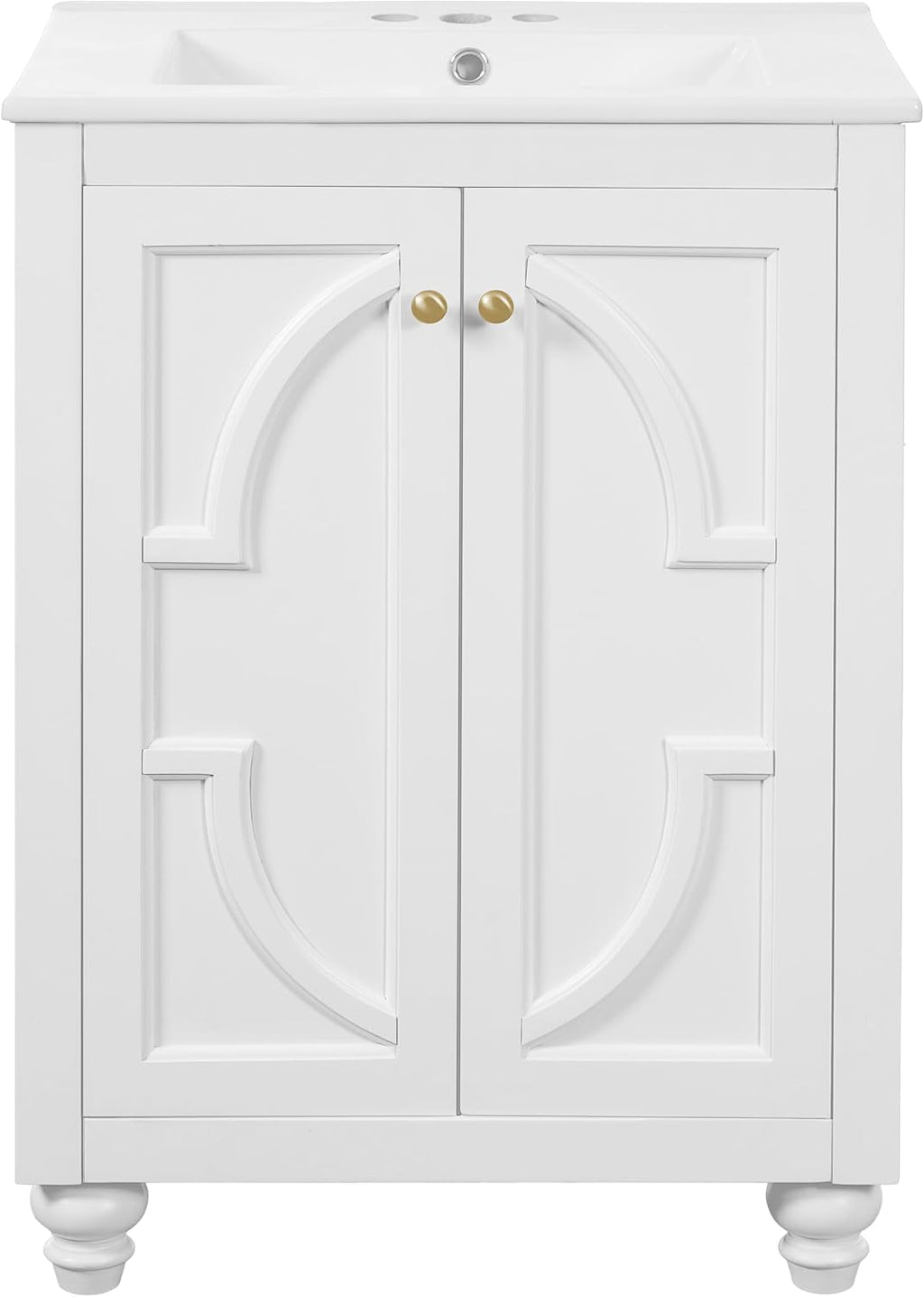 VilroCaz 24' Modern Bathroom Vanity with Ceramic Sink, Ornate Elliptical Motif Design & Soft-Close Hinges, Wood Bathroom Cabinet with Ball-Turned Legs, French Elegance (White-Ele)