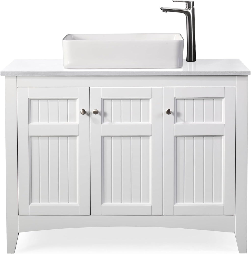 42' Triadsville White Vanity with White QuartzTop, Vessel Style Bathroom Sink, Soft-Closing Doors, Full Extension Drawer, Brushed Nickel Hardware