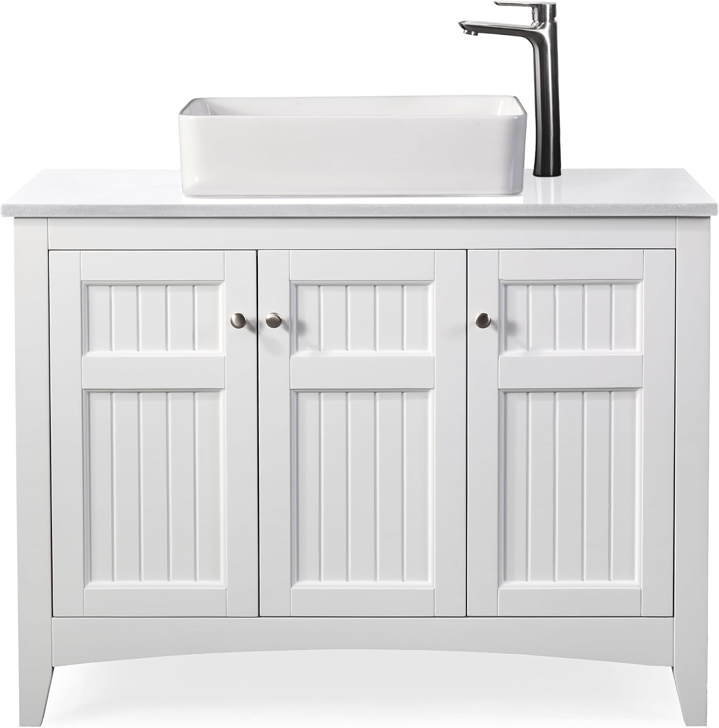 42' Triadsville White Vanity with White QuartzTop, Vessel Style Bathroom Sink, Soft-Closing Doors, Full Extension Drawer, Brushed Nickel Hardware