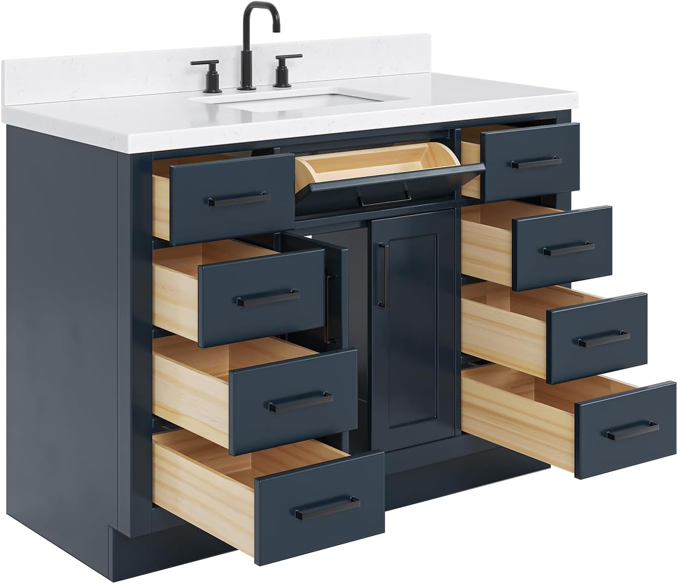 ARIEL Hepburn 48-inch Bathroom Vanity with Sink,Solid Wood, 1.5-inch Carrara White Quartz Countertop, Single Rectangular Porcelain Sink, 2 Soft Closing Doors, 9 Dovetail Drawers, Midnight Blue