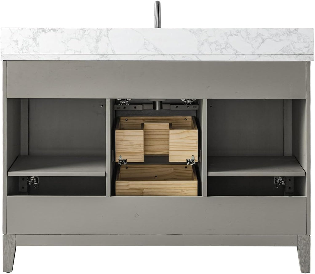 Vanity Art 48' Bathroom Vanity with Single Sink & Arabescato White Engineered Stone Top, Vanity Cabinet with Soft Closing Door, Solid Wood Frame, Brushed Nickel Handles, Driftwood Gray VA8148-DG-BN