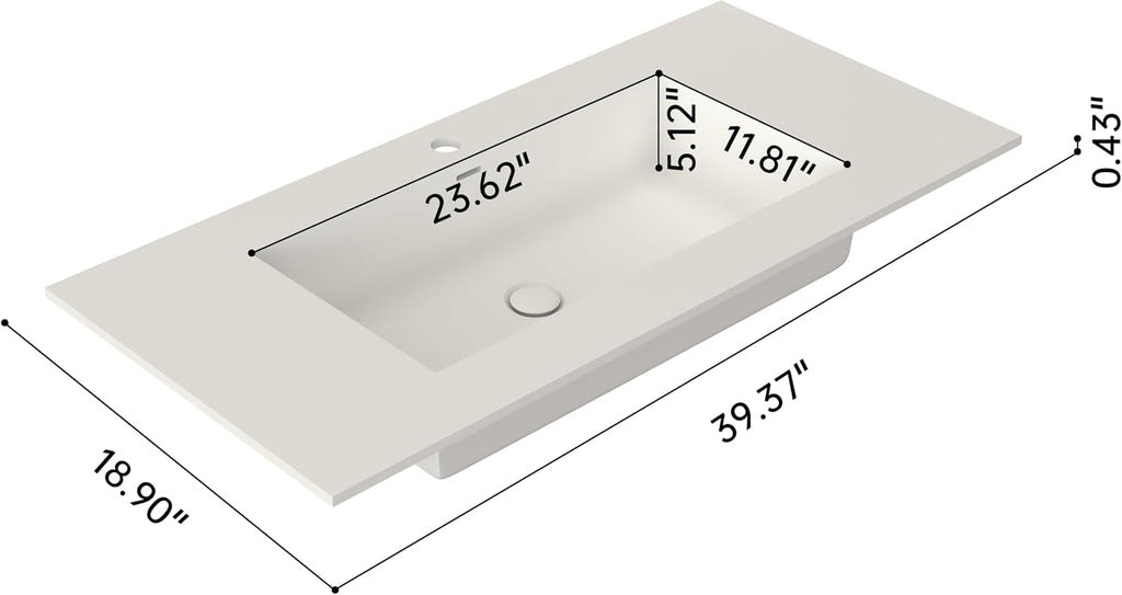 Rectangular Single Sink Bathroom Vanity Top White Solid Surface Resin Vanity Top in Glossy White (White 39X19 inch)