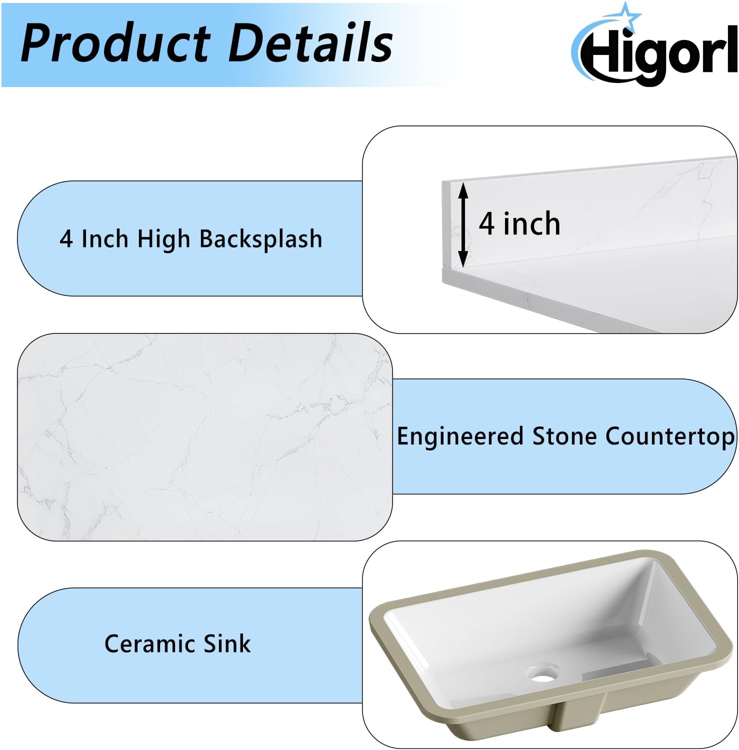 48 in. W x 18.5 in. D Bathroom Engineered Stone Vanity Top with Undermount Rectangular Ceramic Sink, 3 Pre-Drilled Faucet Holes & 4'' Backsplash, White (Faucet Not Included)
