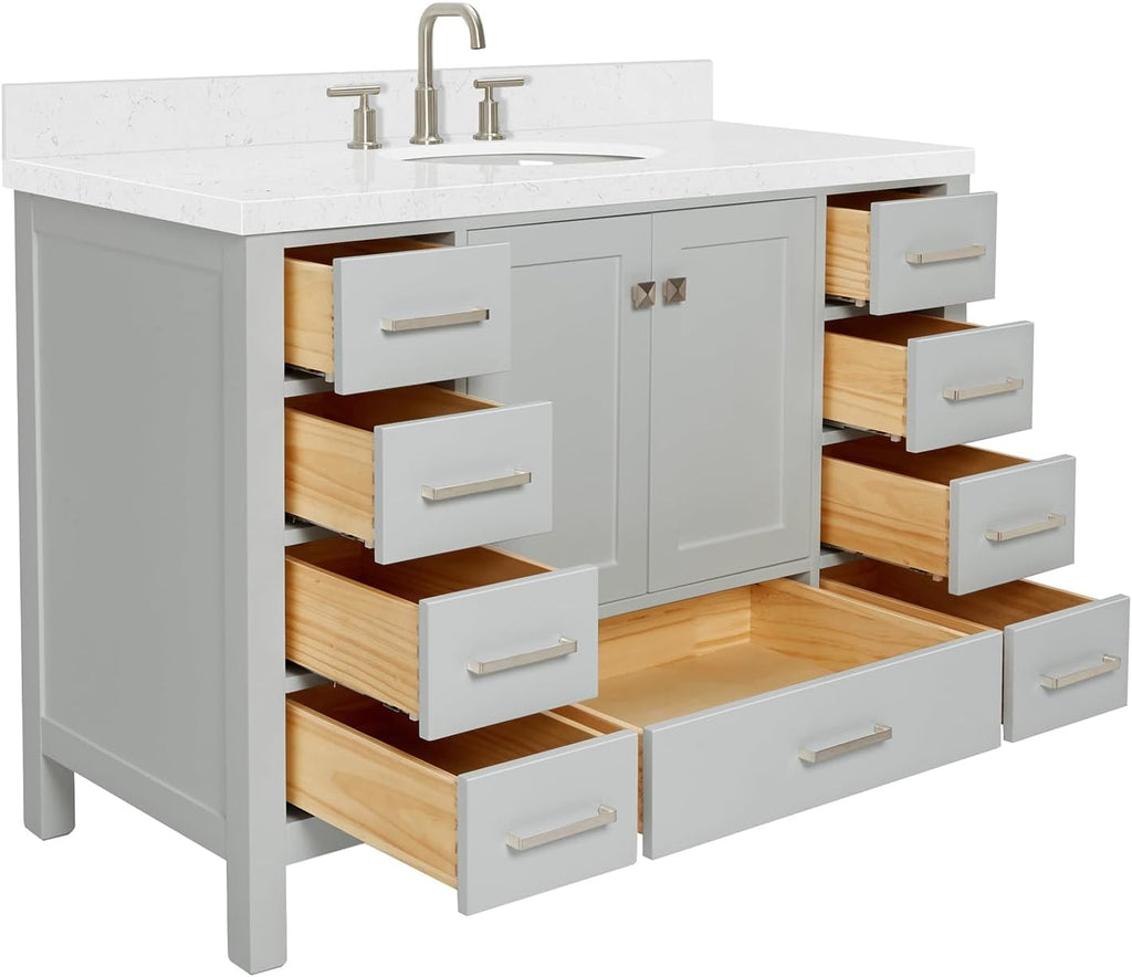 ARIEL Cambridge 48-inch Bathroom Vanity with Sink,Solid Wood, 1.5-inch Carrara White Quartz Countertop & Backsplash, Single Oval Porcelain Sink, 2 Soft Closing Doors, 9 Dovetail Drawers, Grey