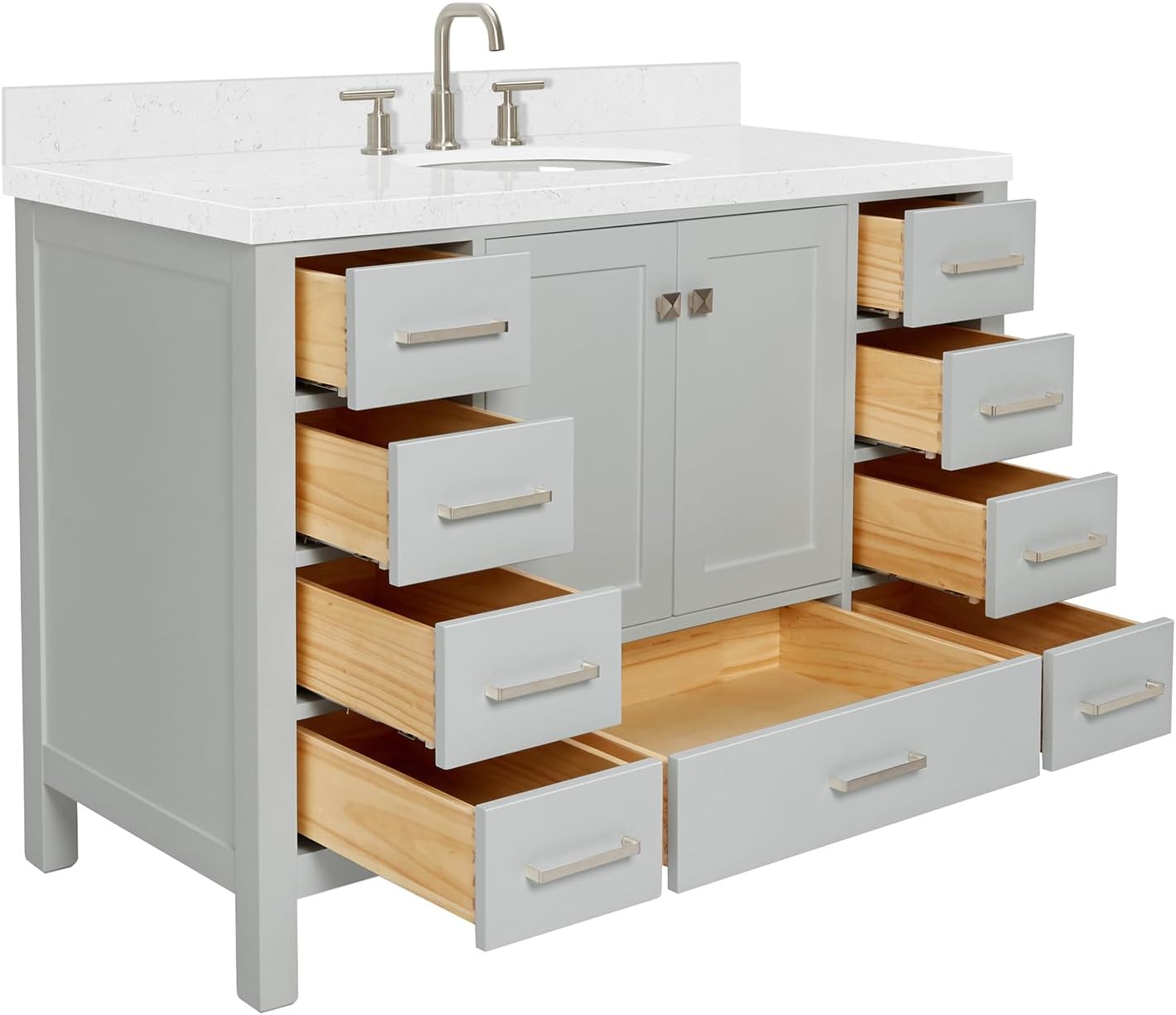 ARIEL Cambridge 48-inch Bathroom Vanity with Sink,Solid Wood, 1.5-inch Carrara White Quartz Countertop & Backsplash, Single Oval Porcelain Sink, 2 Soft Closing Doors, 9 Dovetail Drawers, Grey