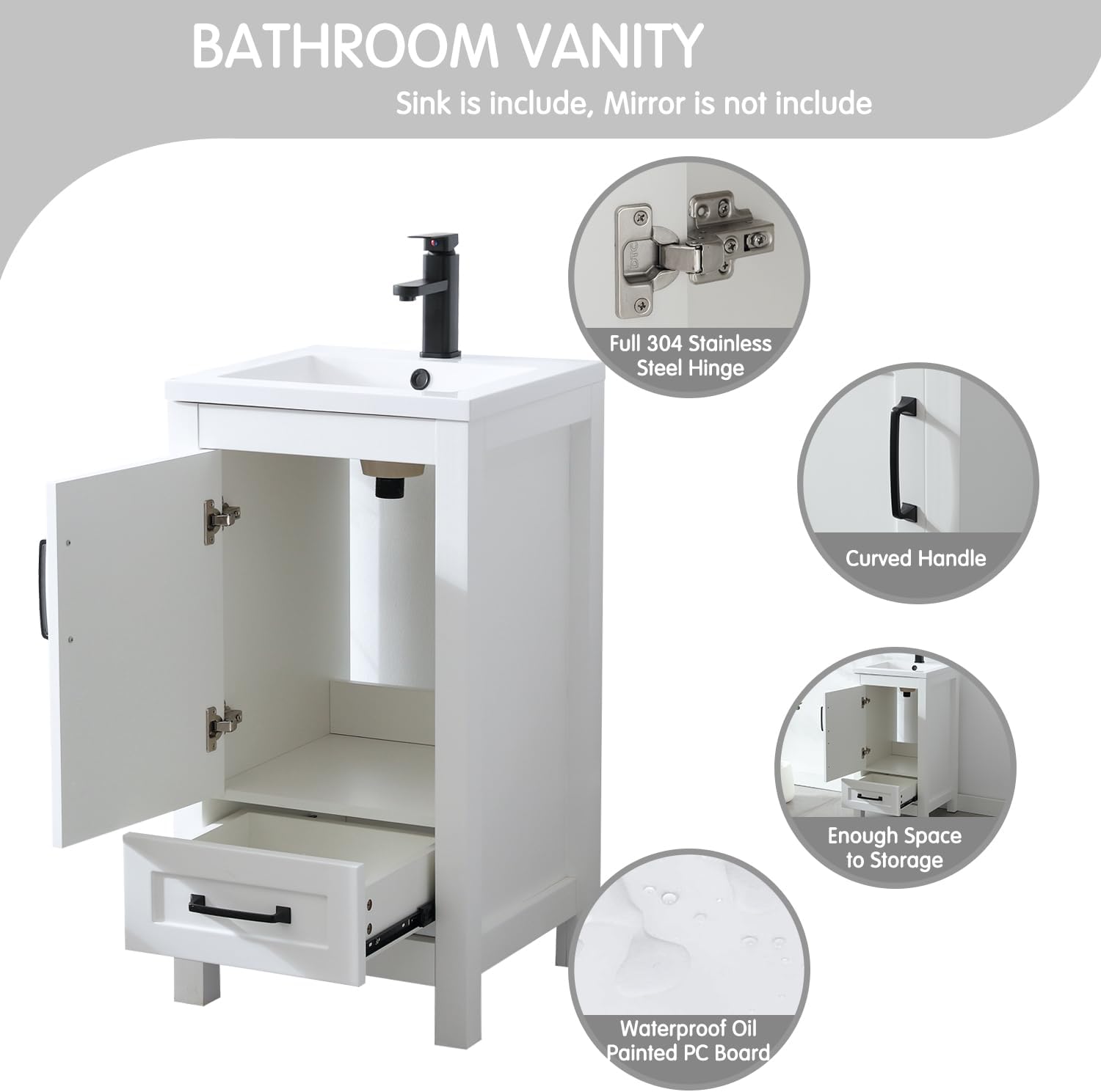 LUCKWIND 18' Bathroom Vanity and Sink Combos, Modern Bathroom Storage Painted Cabinet with Undercounter Ceramic Single Sink Top, Matte Black Faucet and Drawer, Mirror Not Included, White
