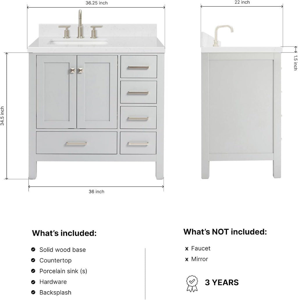 ARIEL Cambridge 36-inch Bathroom Vanity with Sink,Solid Wood, 1.5-inch Carrara White Quartz Countertop, Single Rectangular Porcelain Sink, 2 Soft Closing Doors, 5 Dovetail Drawers, Grey