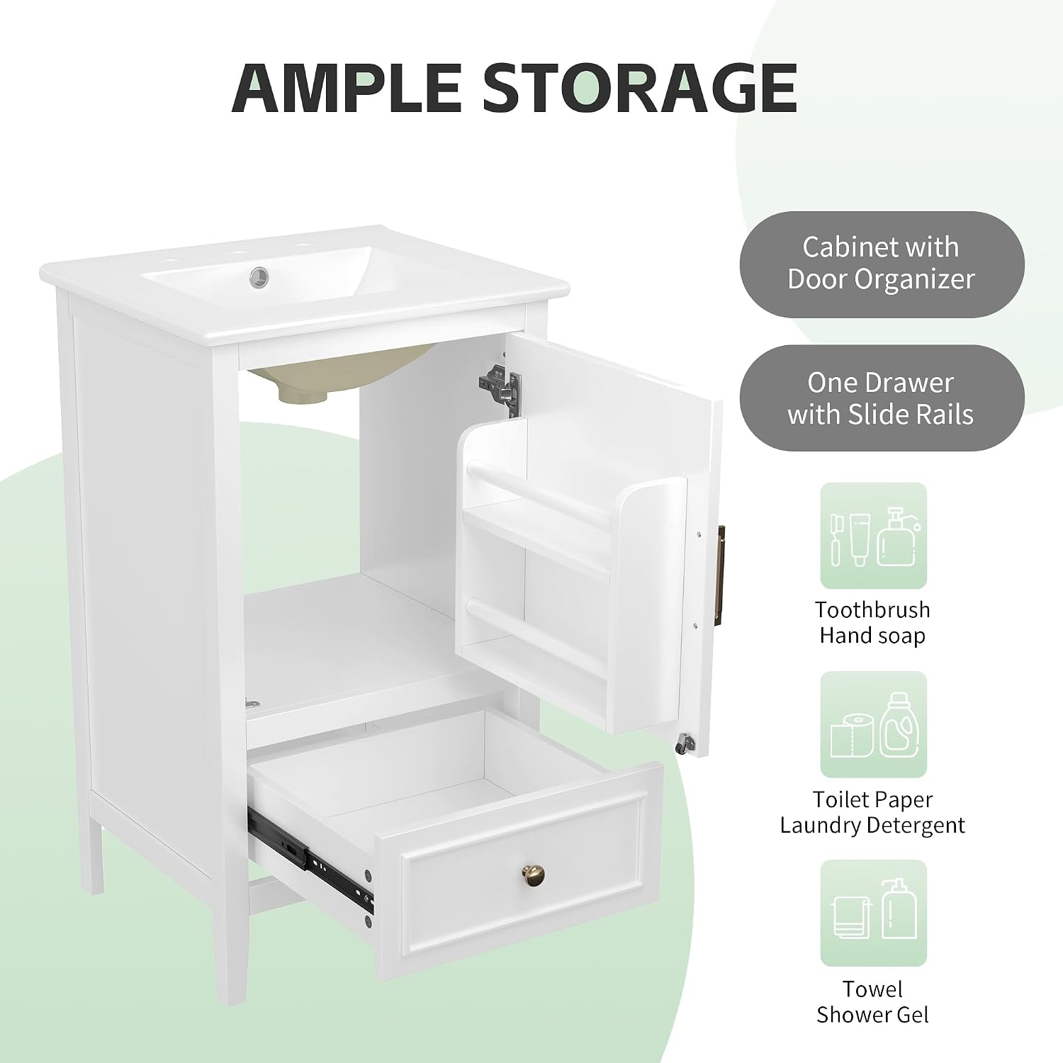 Harper & Bright Designs 20' Bathroom Vanity with Sink, Free Standing Single Vanity Set with One Drawer, and Door Storage Shelf, Solid Wood Storage Cabinet with Ceramic Basin for Bathroom, White