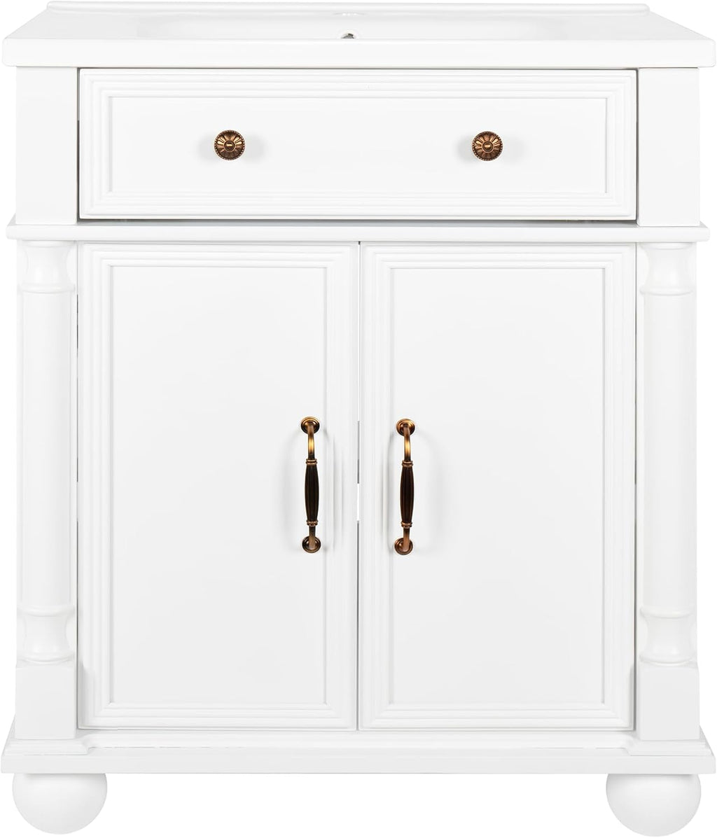 28 Inch Mid-Century Bathroom Vanity with Sink, Green Solid Wood Frame with Roman Column Base, Freestanding Cabinet with Metal Handles and Storage (White)