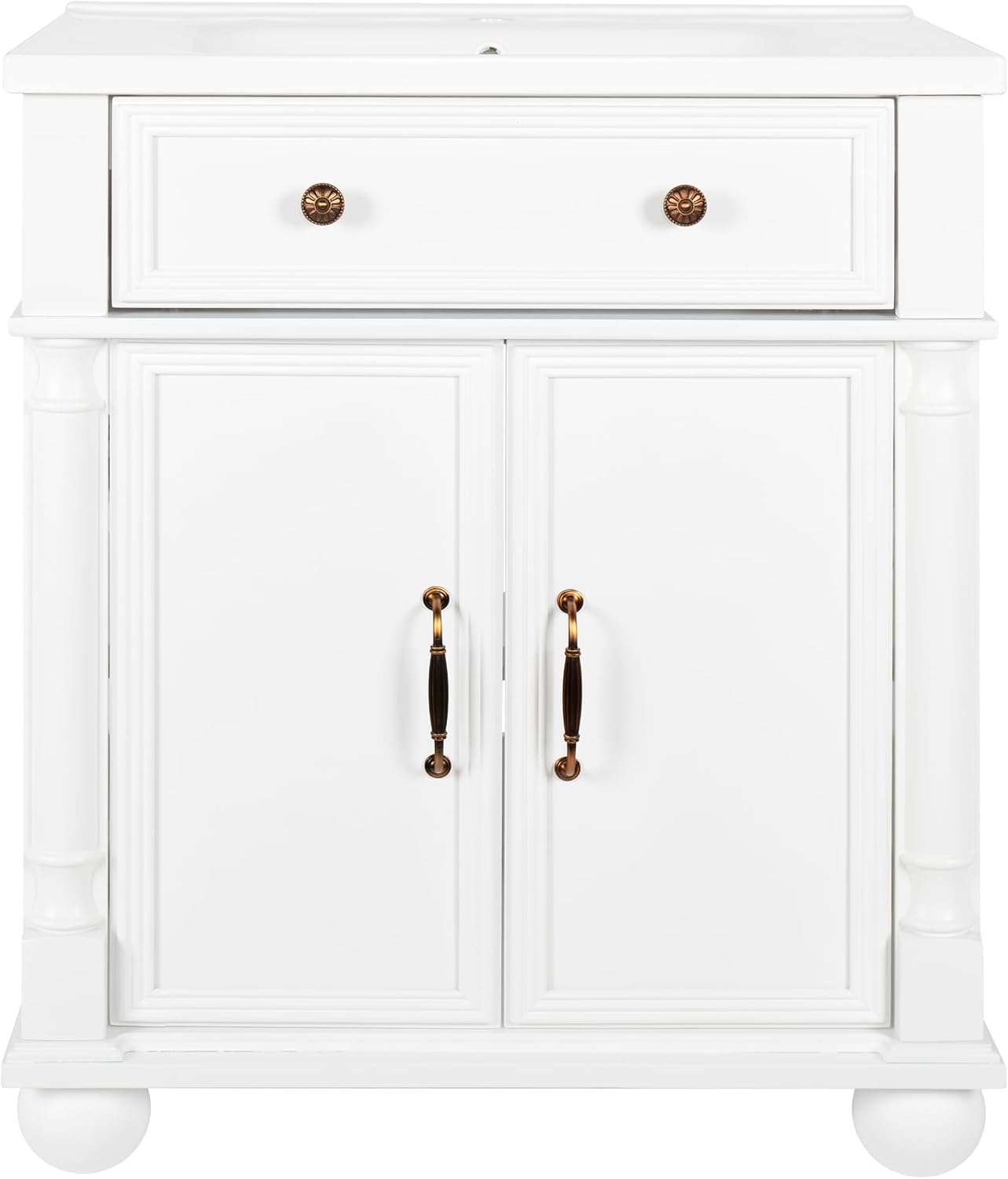 28 Inch Mid-Century Bathroom Vanity with Sink, Green Solid Wood Frame with Roman Column Base, Freestanding Cabinet with Metal Handles and Storage (White)