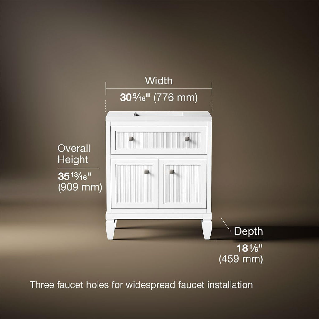Kohler Hearthaven 30 Inch Bathroom Vanity Cabinet with White Single Sink and Quartz Top, Modern Bathroom Vanity, White, K-33536-ASB-0
