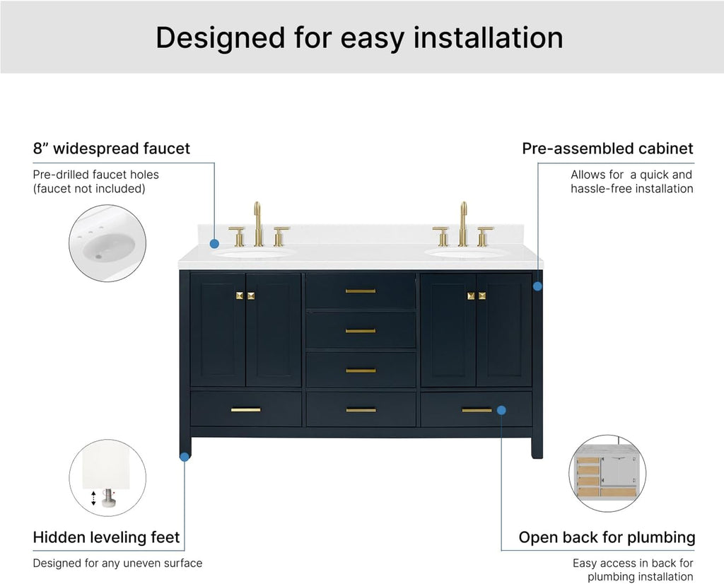 ARIEL Cambridge 66-inch Bathroom Vanity with Sink,Solid Wood, 1.5-inch Carrara White Quartz Countertop, Double Oval Porcelain Sink, 4 Soft Closing Doors, 6 Dovetail Drawers, Midnight Blue
