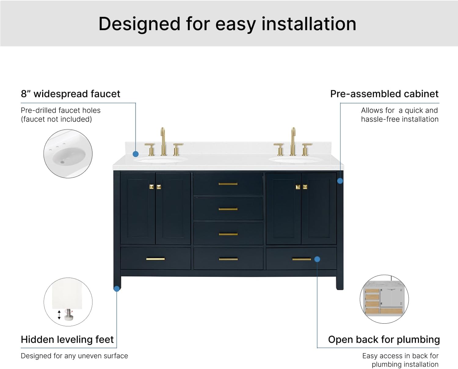ARIEL Cambridge 66-inch Bathroom Vanity with Sink,Solid Wood, 1.5-inch Carrara White Quartz Countertop, Double Oval Porcelain Sink, 4 Soft Closing Doors, 6 Dovetail Drawers, Midnight Blue