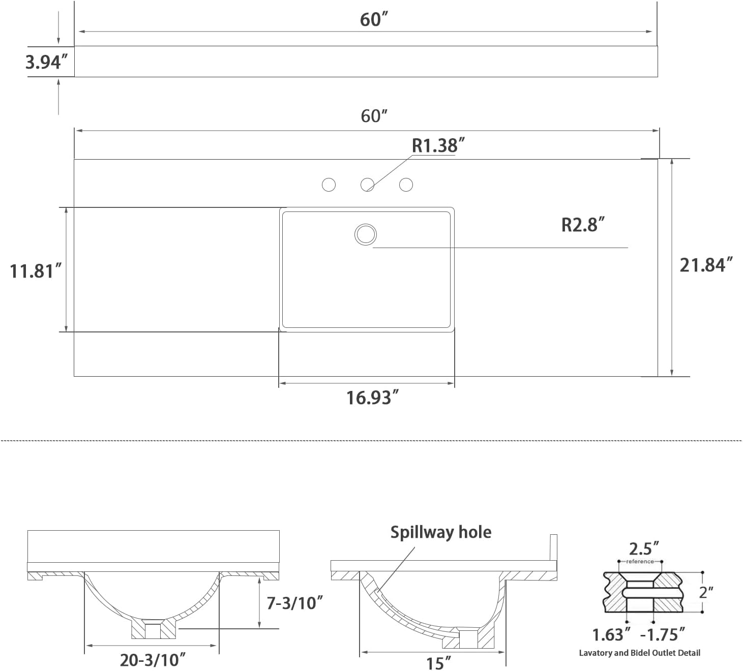 60'x22' Vanity Sink Top, Solid White Quartz Stone Vanity Top Single Bowl Sink 8 Inch Faucet Hole Spacing with Backsplash Countertops for Bathroom