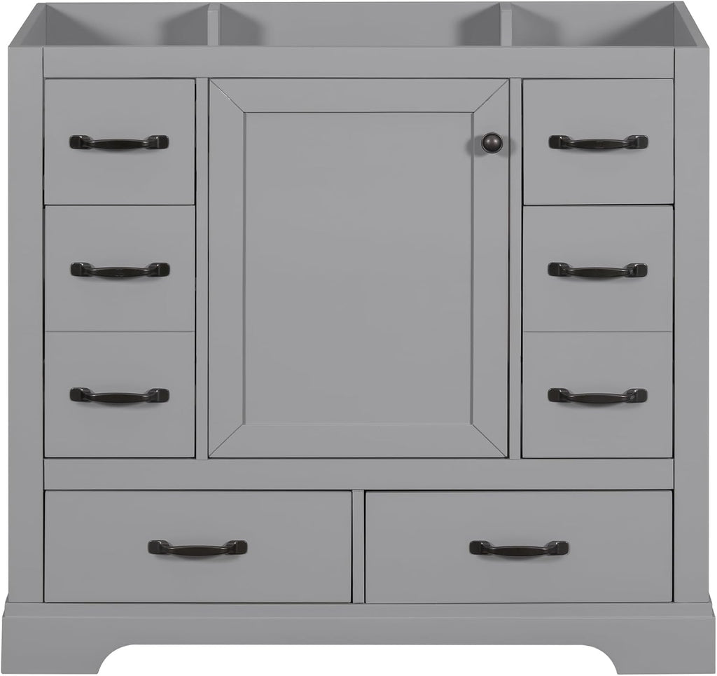 Favfurish 36' Bathroom Vanity Without Top Sink,6-Drawer Freestanding Cabinet Base with Multi-Functional Divider & Adjustable Shelf,Solid Wood MDF Vanity Only, Water Resistant,Grey