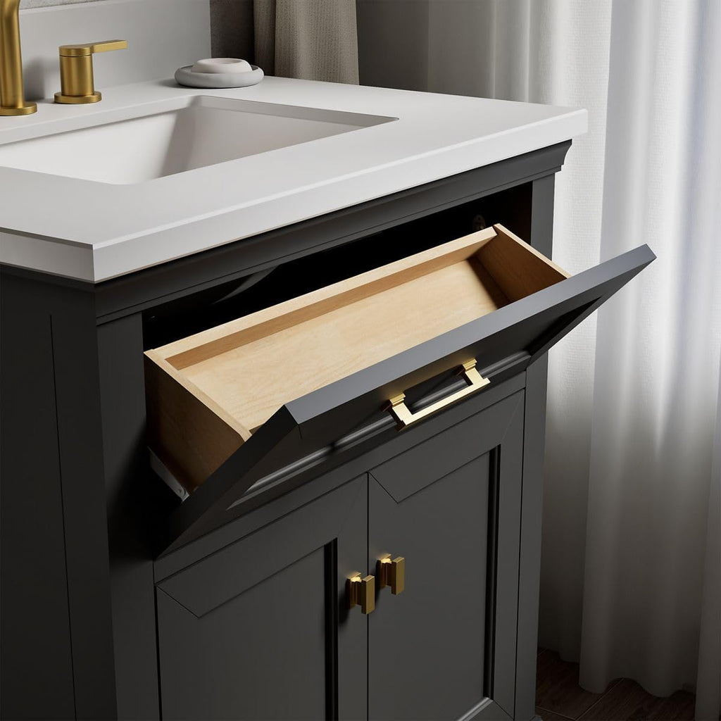 Kohler Charlemont 30' Bathroom Vanity Cabinet with White Sink and Quartz Top, Modern Bathroom Storage, Dark Warm Grey, K-29260-BD1-DWG