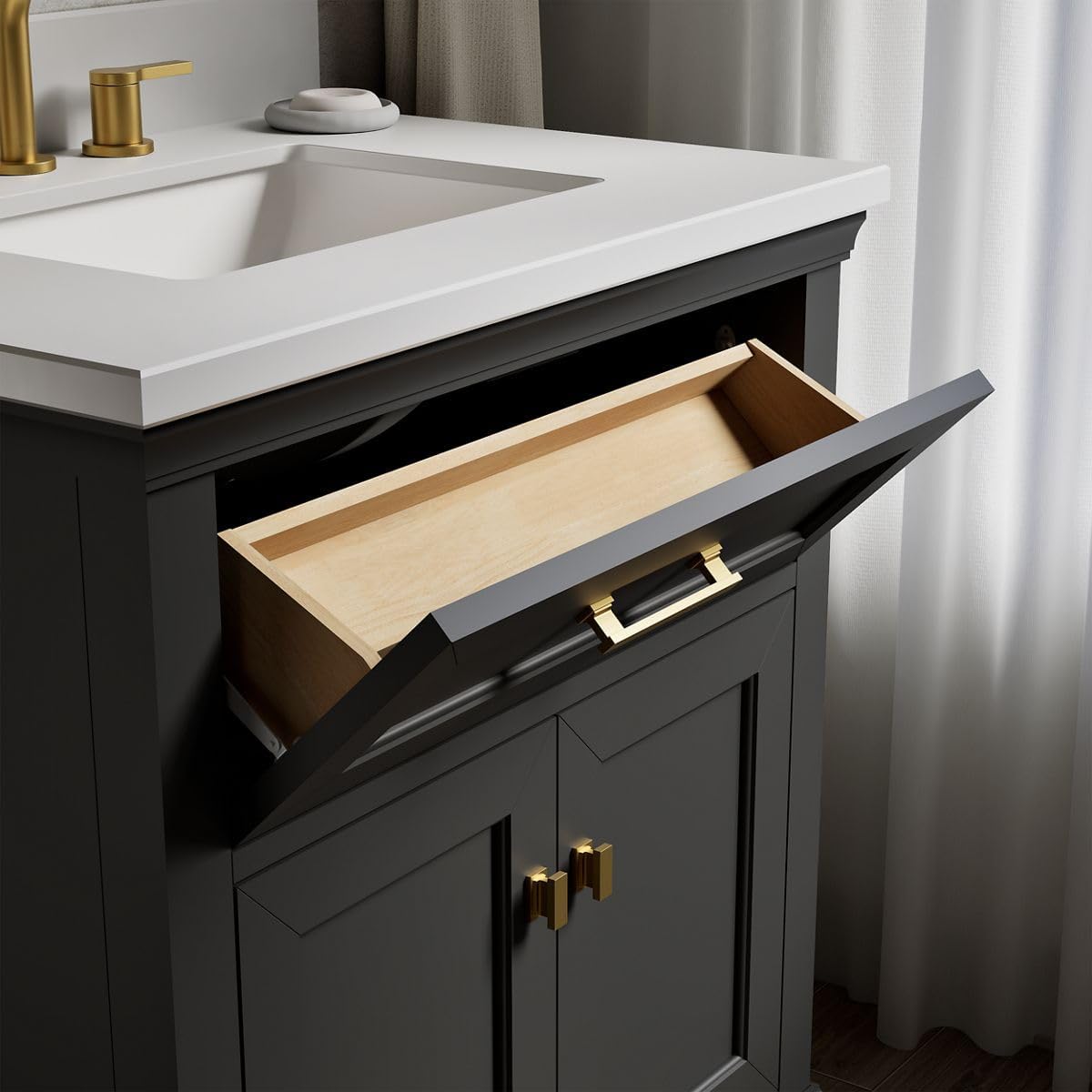 Kohler Charlemont 30' Bathroom Vanity Cabinet with White Sink and Quartz Top, Modern Bathroom Storage, Dark Warm Grey, K-29260-BD1-DWG