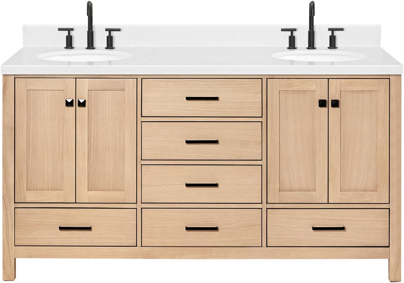 ARIEL Cambridge 66-inch Bathroom Vanity with Sink,Solid Wood, 1.5-inch Carrara White Quartz Countertop & Backsplash, Double Oval Porcelain Sink, 4 Soft Closing Doors, 6 Dovetail Drawers, White Oak