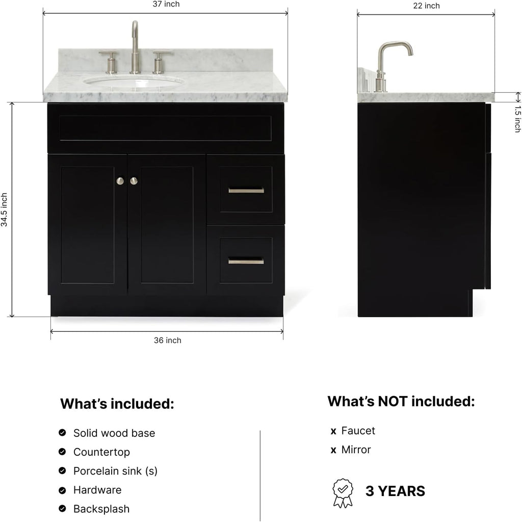 DKB Bradford 36' Black Single Bathroom Vanity with Sink, 1.5' Edge Italian Carrara Marble Countertop, Oval Undermount Sink, 2 Soft-Closing Doors, 2 Dovetail Drawers