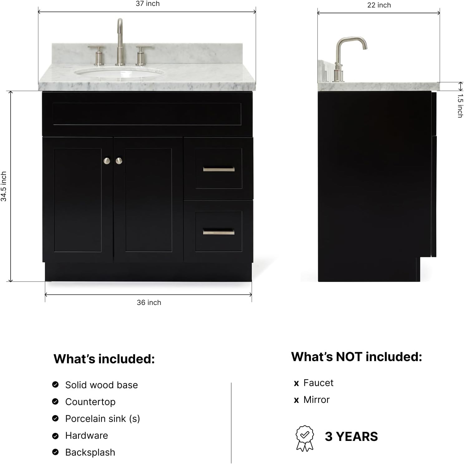 DKB Bradford 36' Black Single Bathroom Vanity with Sink, 1.5' Edge Italian Carrara Marble Countertop, Oval Undermount Sink, 2 Soft-Closing Doors, 2 Dovetail Drawers