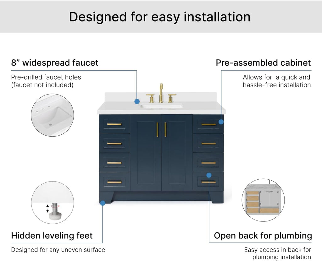 ARIEL Taylor 48-inch Bathroom Vanity with Sink,Solid Wood, 1.5-inch Pure White Quartz Countertop, Single Rectangular Porcelain Sink, 2 Soft Closing Doors, 9 Dovetail Drawers, Midnight Blue