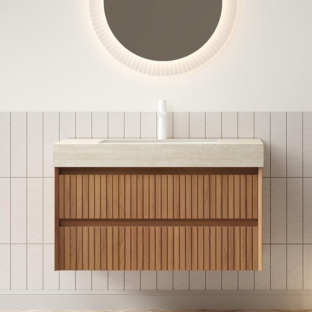 36' Bathroom Vanity with Sink, Modern Bathroom Floating Vanity with Travertine-Pattern Sintered Stone Top & Ceramic Undermount Basin, Pre-Assembled W/2 Drawers, Espresso