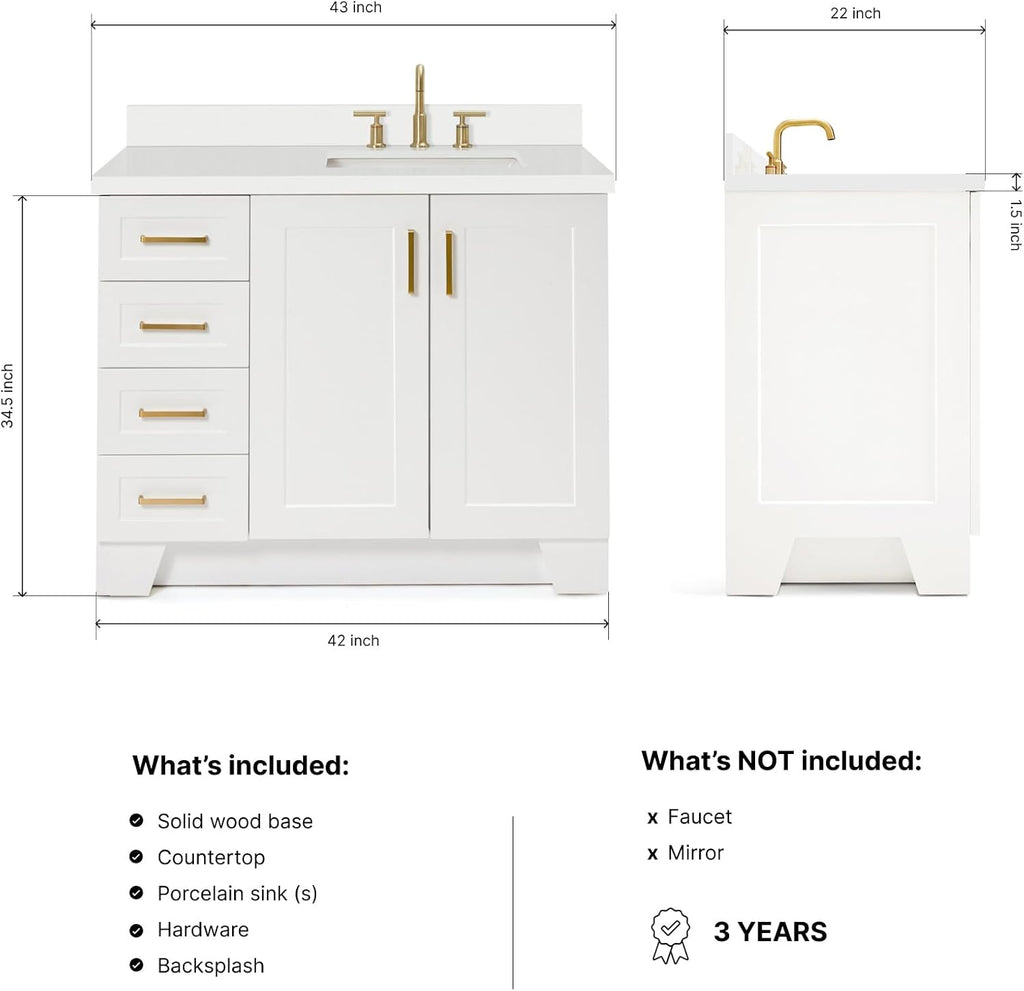 ARIEL Taylor 42-inch Bathroom Vanity with Sink,Solid Wood, 1.5-inch Pure White Quartz Countertop, Single Rectangular Porcelain Sink, Soft Closing Doors, Dovetail Drawers, White